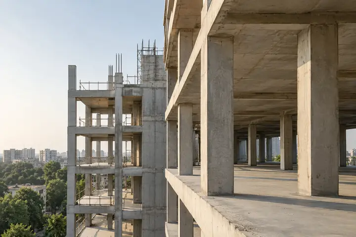 An orderly concrete structural grid on a contemporary construction site