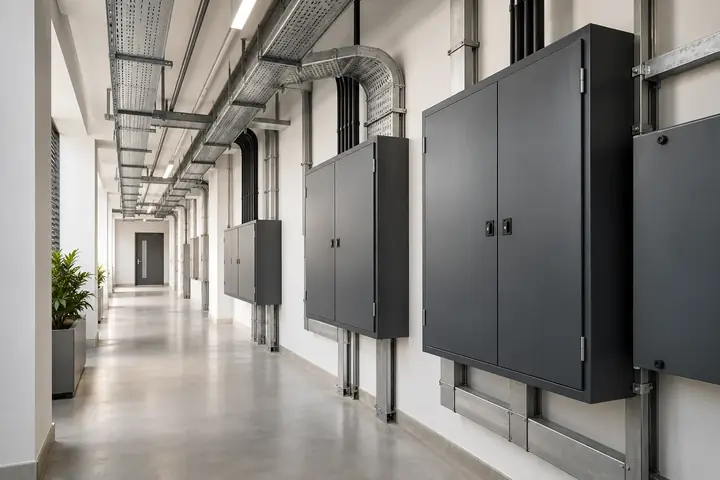 Orderly electrical distribution boards and cable trays in a commercial utility corridor