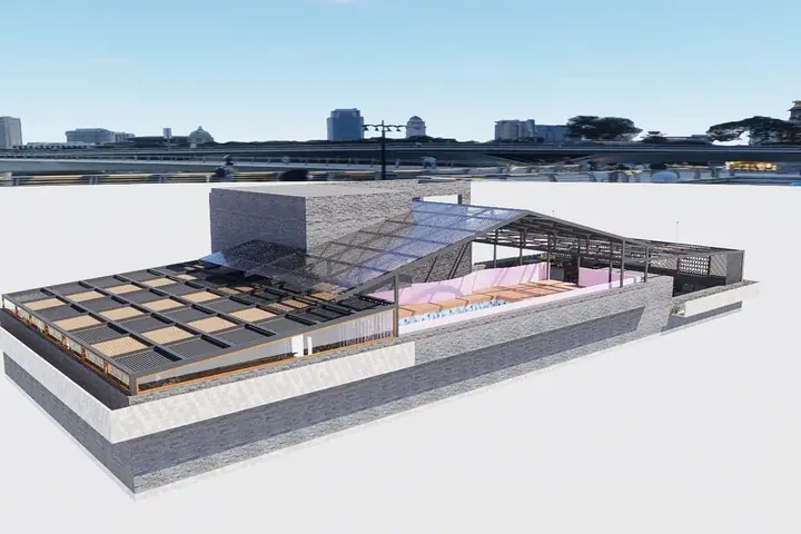 Architectural visualisation of a low-rise structure showing a roof grid, covered walkways and courtyard