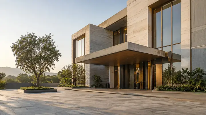 Contemporary stone and concrete architecture opening onto a quiet courtyard