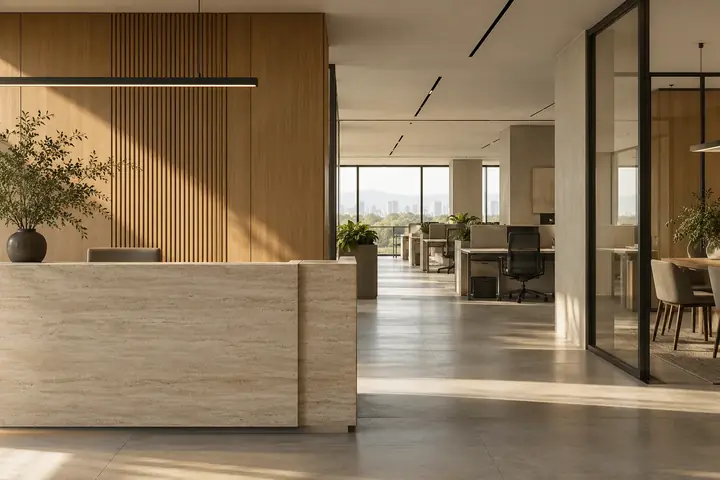 A minimal warm oak and limestone commercial interior with carefully detailed joinery