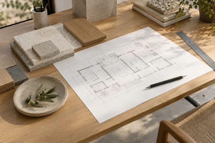 Architectural drawings, a pencil and natural material samples on an oak planning desk