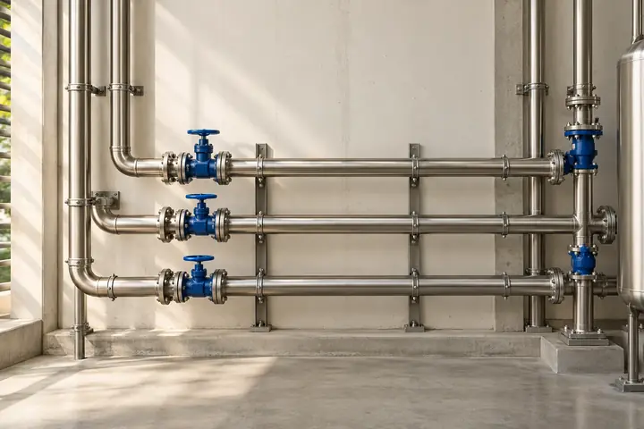 Precisely aligned stainless steel plumbing pipes and valve fittings