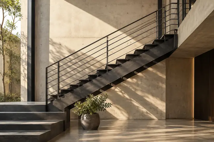 Precisely fabricated charcoal steel stair and balustrade against warm concrete